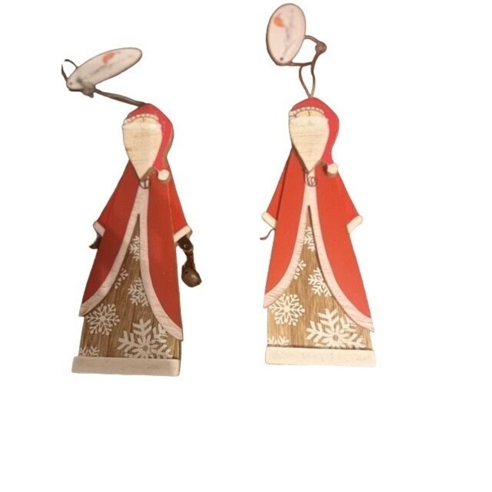 Santa Claus Christmas Ornaments Set Of 2 With Bells & Snowflake Design Wooden